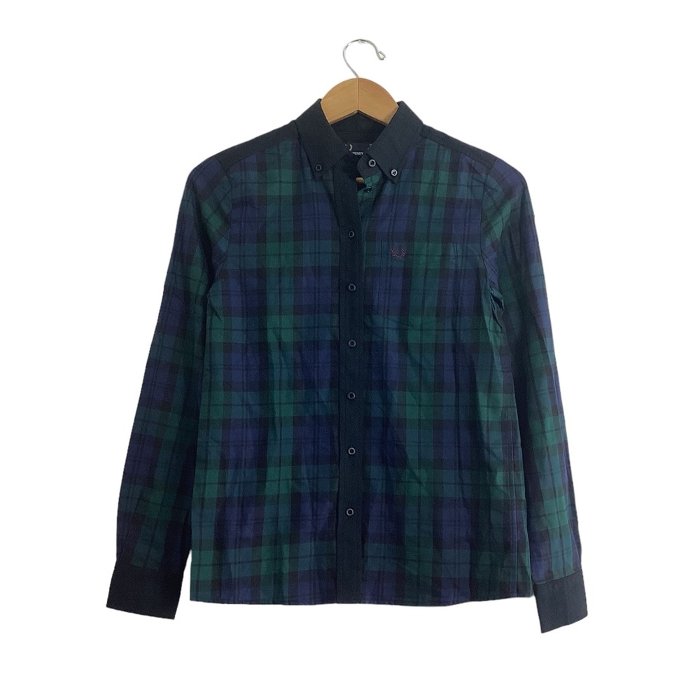 Fred Perry Tartan Shirt Long Sleeve Plaid Green Blue Size 2